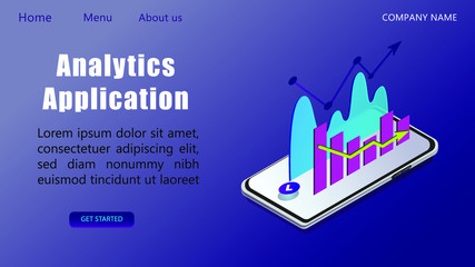 Image of isometric smartphone  with graph, chart, statistic.Data analysis app  website template. Digital financial reporting, seo, marketing. Business management, development.Webpage, ,landing page.