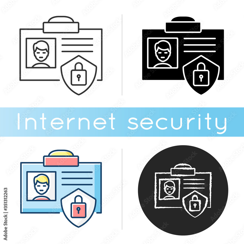 Poster ID security icon. Personal information encryption. Identification card protection. Biometric passport. Company worker access. Linear black and RGB color styles. Isolated vector illustrations