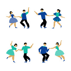 Fototapeta na wymiar Dancing couple set on white background. The guy and the girl are dancing swing, rock and roll or Lindy hop. Male and female performing dance party. Vector illustration in flat style