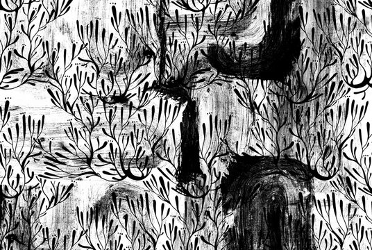 Vivid imprint of the paint blots concept in grunge style with coral seaweed in the ocean or tree branches.