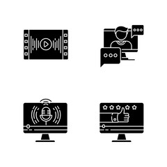 Videography black glyph icons set on white space. Web conference. Live broadcasting. Internet blogging. Product review video. Music recording. Silhouette symbols. Vector isolated illustration