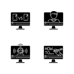 Online video watching black glyph icons set on white space. Product comparison. Blogger live stream. Internet tutorial. Videography industry. Silhouette symbols. Vector isolated illustration