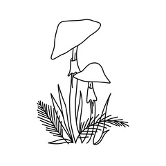 Black and white linear image of two toadstools with leaves and grass around. The idea for a coloring book, children's art, from 2 years old, for learning.