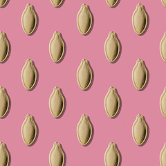 Pattern of pumpkin seeds on a pink background.