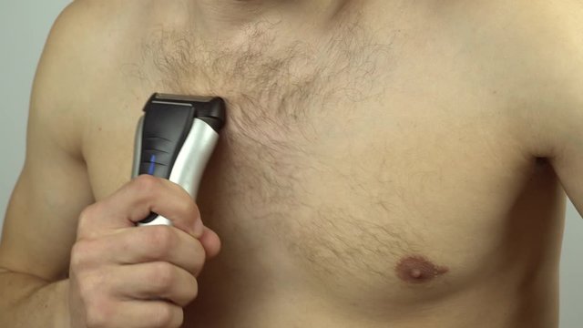 Close-up of a very hairy Man haircut body hair on his, male chest by himself with a clipper, electric razor, trimer. isolated on white background. Naked man shaves his chest
