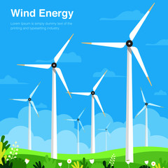wind turbines on green field wind power, wind energy flat design concept  