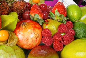 variety of fresh tropical fruits. White background. close view. top view. isolated


