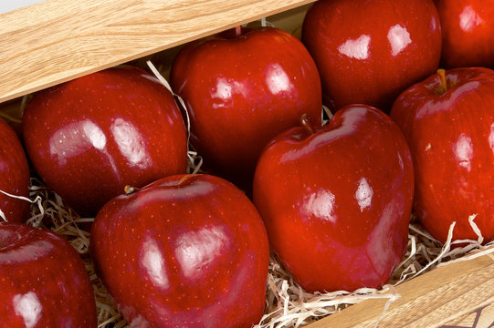 red apples in wooden box. White background. close view. top view. isolated

