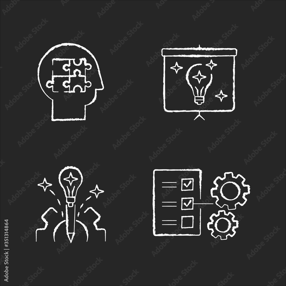 Poster creative approach chalk white icons set on black background. business project. presentation of final