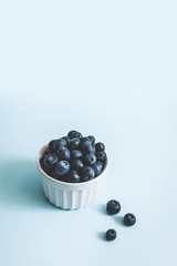 Fresh raw organic blueberry fruit in a deep plate on blue horizontal background with copy space, vertical photo