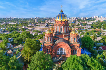 Aerial view to orthodox church in Kharkiv, Ukraine