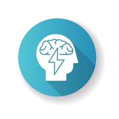Brainstorming blue flat design long shadow glyph icon. Efficient approach to problem solving. Analytical mindset. Psychological issue. Human brain in head. Silhouette RGB color illustration