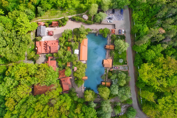 Aerial view to the restaurant with pool in the park
