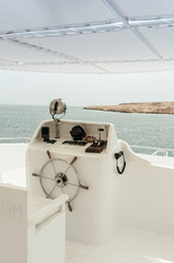 Rest on the white yacht (ship) in the Bay of Sharm El Sheikh. Photo on a sunny day..Holidays in 2018.