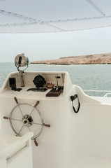 Rest on the white yacht (ship) in the Bay of Sharm El Sheikh. Photo on a sunny day..Holidays in 2018.