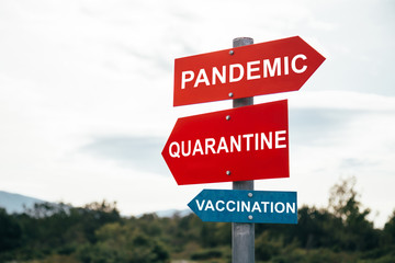 Pandemic, quarantine, vaccination road warning signs. Social media campaign for coronavirus prevention. Social distance save lives concept