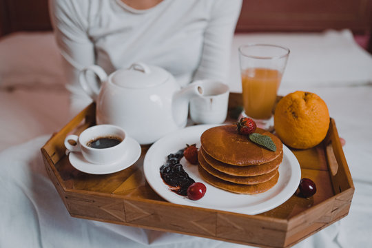 Breakfast In Bed With Pancakes