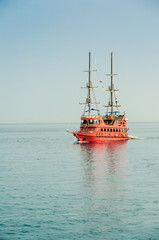 Rest on the white yacht (ship) in the Bay of Sharm El Sheikh. Photo on a sunny day..Holidays in 2018.