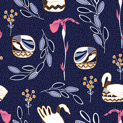 Seamless Folk Art Vector pattern with ducks and flowers for decoration, print, textile, fabric, stationery