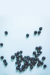 Tasty ripe blueberries pattern on blue background with space for text, top view, flat lay, vertical photo