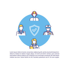 Social workers concept icon with text. Government employee for public welfare. Doctor and firefighter. PPT page vector template. Brochure, magazine, booklet design element with linear illustrations
