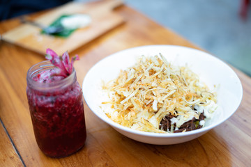 smoothie and pasta in a bowl