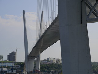 Fototapeta premium View of the cable-stayed bridge over the Golden horn Bay in Vladivostok on a cloudy summer day.