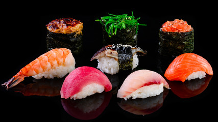 set nigiri on a black background