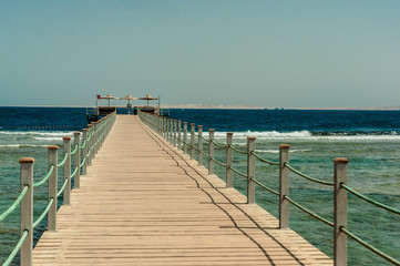 Pier at the hotel .Sharm El Sheikh. Photo on a sunny day. Mountains and the sea..Holidays in 2018.