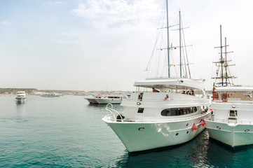 Fototapeta premium Rest on the white yacht (ship) in the Bay of Sharm El Sheikh. Photo on a sunny day..Holidays in 2018.