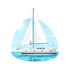 Fisherman on regatta semi flat vector illustration. Man fishing with rod on luxury ship. Person on boat. Private yacht for voyage. Summer recreation 2D cartoon characters for commercial use