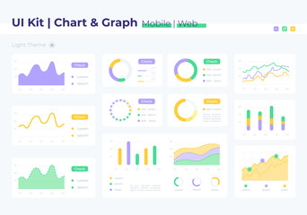 Graph UI elements kit. Finance report, statistic analysis. Chart isolated vector icon, bar and dashboard template. Web design widget collection for mobile application with light theme interface