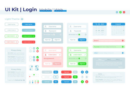 Authorization UI elements kit. Enter password. Login isolated vector icon, bar and dashboard template. Web design widget collection for mobile application with light theme interface