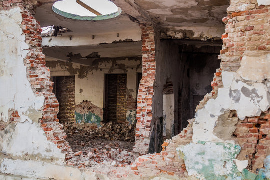 Ruins of abandoned fish canning factory in former Aral Sea port town Moynaq (Mo&lsquo;ynoq or Muynak), Uzbekistan
