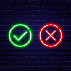 Neon check mark and red cross on brick wall. Accept and reject. Green tick and decline symbol in circle shapes. Right and wrong. Neon design for games, app,web. Vector illustration