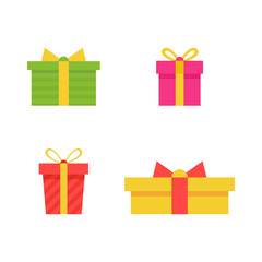 Gift boxes set isolated on white background. Prizes collection. Sale, shopping concept. Cartoon gift icon for birthday, party, christmas invitation, giveaway banner. Vector illustration