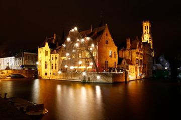 Fototapeta na wymiar Bruges, Belgium. The Rozenhoedkaai canal at night