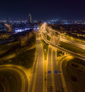 Aerial view of empty streets at night due to the coronavirus pandemic in Dubai, United Arab Emirates