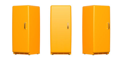 set of three yellow refrigerator + retro fridge isolated - 3d illustration element for kitchen conceptual  design