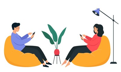A guy and a girl are sitting on a bean bag chair and holding a smartphone in their hands. Happy young people communicate on the Internet. Interior illustration on a white background