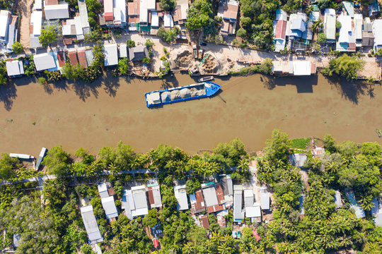 Aerial view of  moored barge on Mekong Delta,Ba L&middot;ng, C&middot;i Rang, C?n Tho, Vietnam
