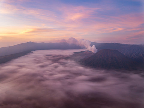 Aerial view of active smoking volcano Bromo (left) with Mount Batok (right),Sukapura,Jawa Timur,Indonesia.