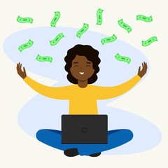 Money pours onto a person. A girl sits with a laptop on her lap and catches banknotes.