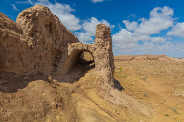 Earoded earthen walls of Ayaz Qala fortress in Kyzylkum desert, Uzbekistan