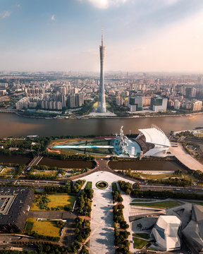 Aerial view of Canton tower at sunset, Guangzhou, China