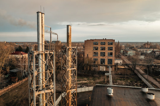 Aerial view of the abandoned nylon-threads factory near Chernihiv, Ukraine. About 10,000 workers used to work there in the past.