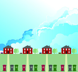 Fototapeta premium House on residential street with recycling bins out ready for collection with cloudy blue sky