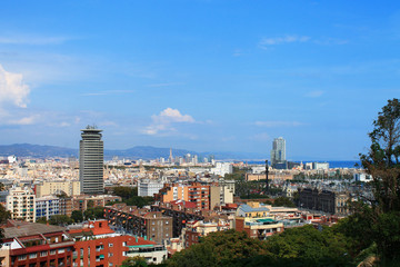 Beautiful view of the city of Barcelona with mountains and blue sky. Spain.