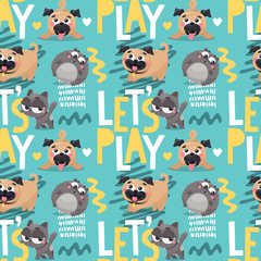 Obraz premium Seamless cute vector animal pattern with pug dogs , cats, Lets play