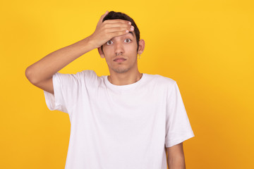 young expressive male model isolated on color background